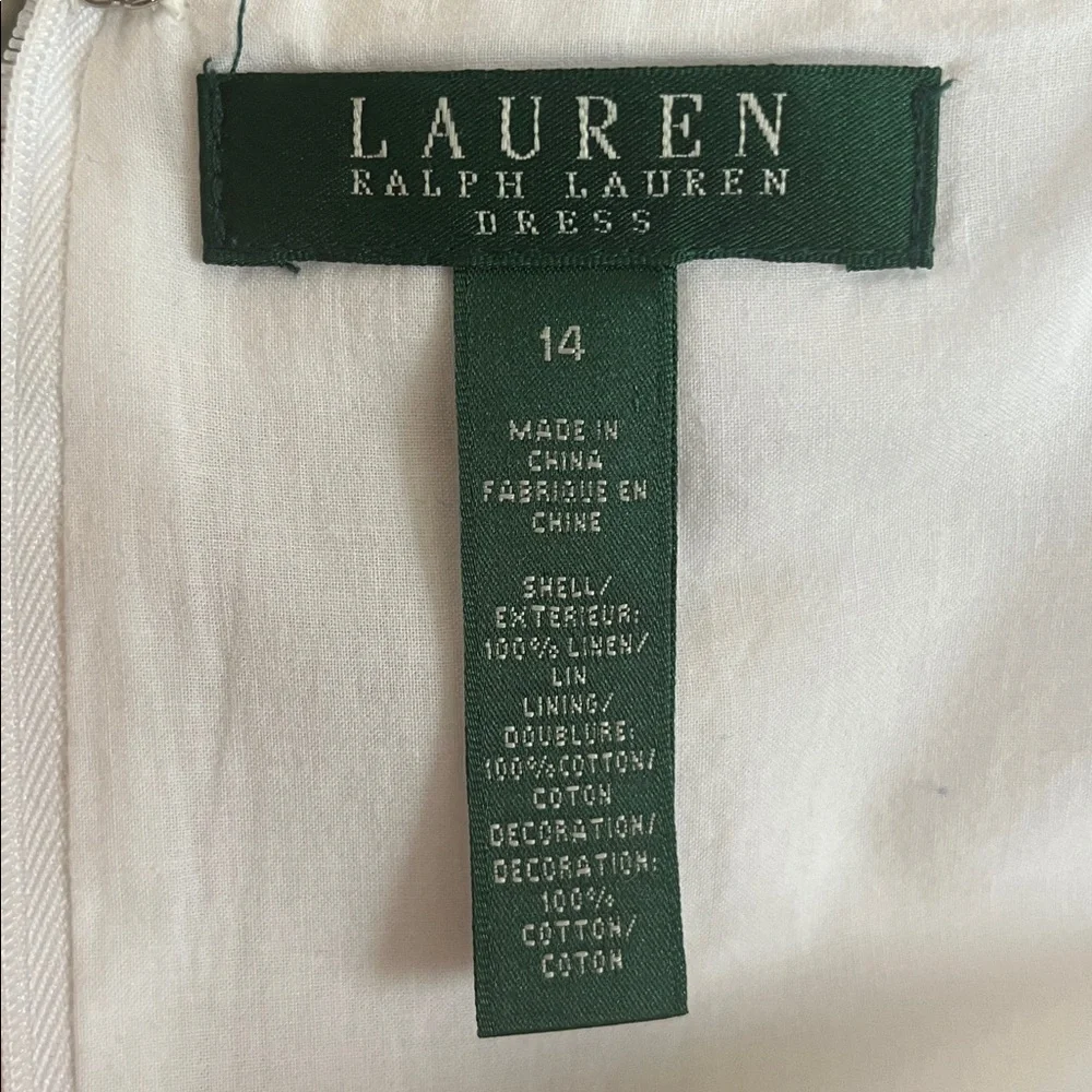 Laureen Ralph Lauren White Linen A-Line Dress w/Pleats & Embroidered detail 14 - Picture 16 of 17